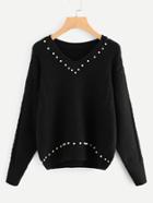 Shein Pearl Beading Cable Knit Ribbed Sweater