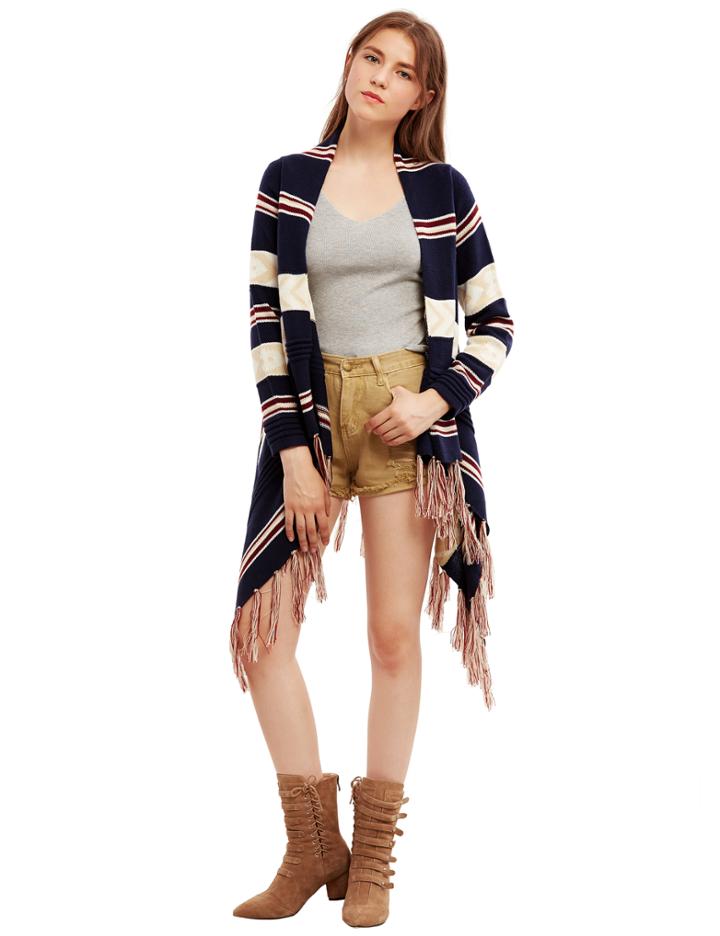 Shein Multicolor Striped Tassel Hem Sweater