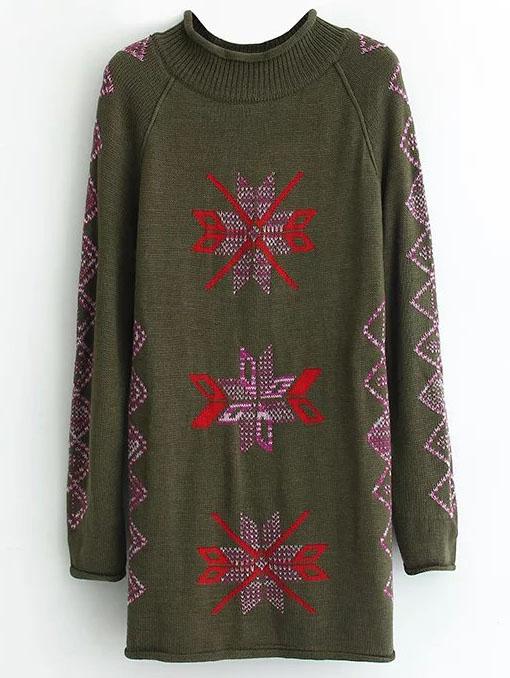 Shein Amry Green Geometric Pattern Raglan Sleeve Long Sweater