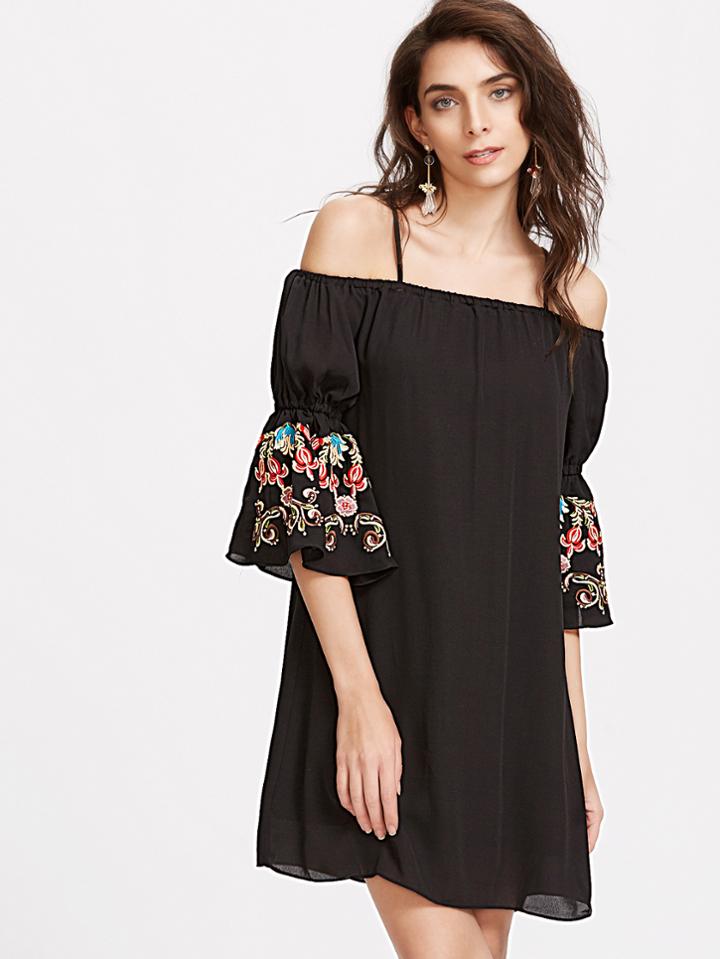 Shein Black Cold Shoulder Bell Sleeve Embroidered Chiffon Dress