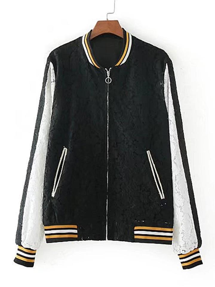 Shein Striped Trim Lace Crochet Jacket