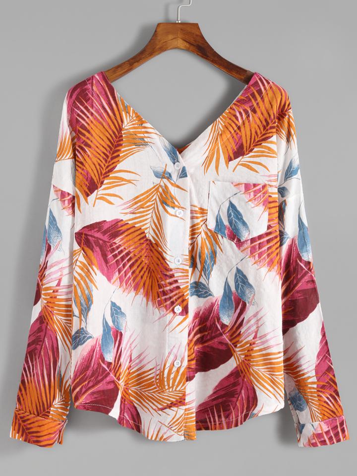 Shein Leaf Print Double V Neck Dip Hem Button Blouse