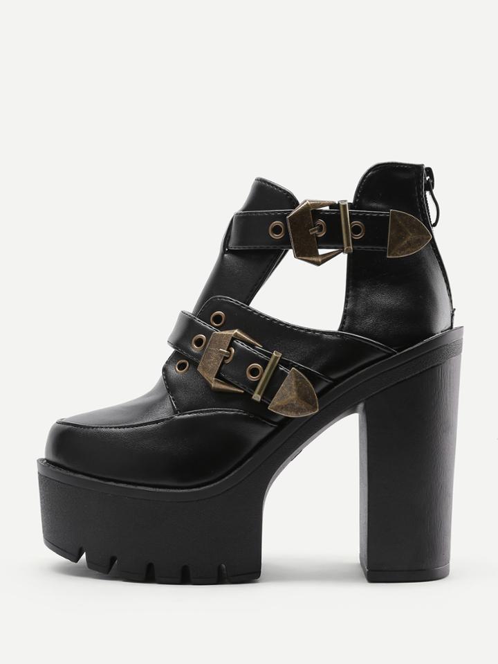 Shein Double Buckle Strap Platform Heeled Boots