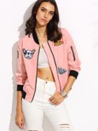 Shein Pink Patch Zipper Long Sleeve Jacket