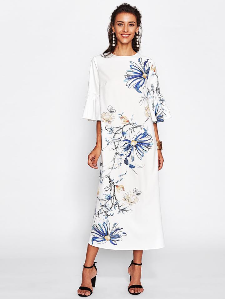 Shein Trumpet Sleeve Flower Print Dress