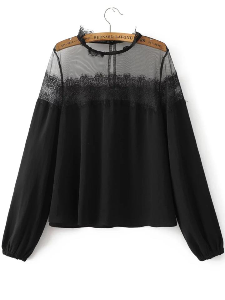 Shein Black Eyelash Lace Trim Mesh Detail Blouse