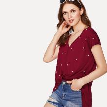 Shein Pearl Beading Draped Dip Hem T-shirt