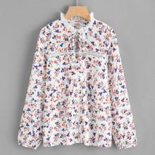 Shein Frilled Neck Lace Insert Floral Top