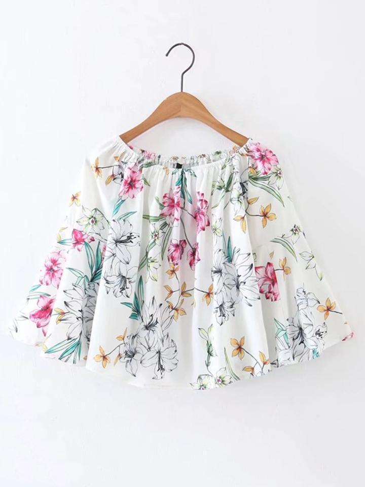 Shein Boat Neckline Bell Sleeve Floral Top