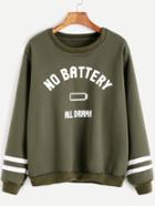Shein Army Green Letter Print Striped Sleeve Sweatshirt