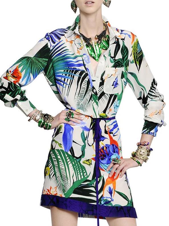 Shein White Lapel Tie-waist Pockets Print Dress