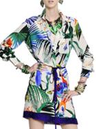 Shein White Lapel Tie-waist Pockets Print Dress