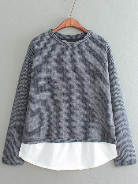 Shein Navy Crew Neck Striped Contrast Hem Sweater