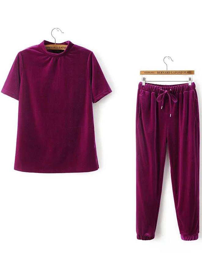 Shein Red Short Sleeve Velvet Tee With Drawstring Pants