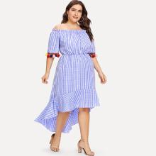 Shein Plus Pom Pom Trim High Low Gingham Bardot Dress