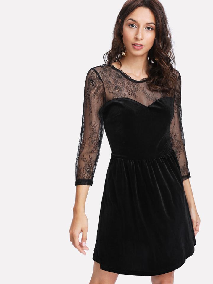 Shein Floral Lace Sweetheart Velvet Dress