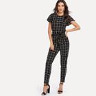 Shein Flutter Sleeve Knot Hem Grid Top And Pants Set