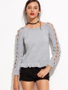 Shein Grey Lattice Sleeve Peplum Sweater