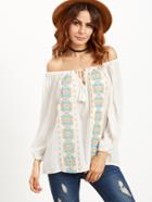 Shein White Tribal Print Off The Shoulder Lace Up Fringe Blouse