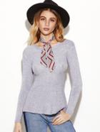 Shein Grey Eyelet Ruffle Hem Slim Sweater