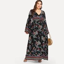 Shein Plus Trumpet Sleeve Flare Floral Dress