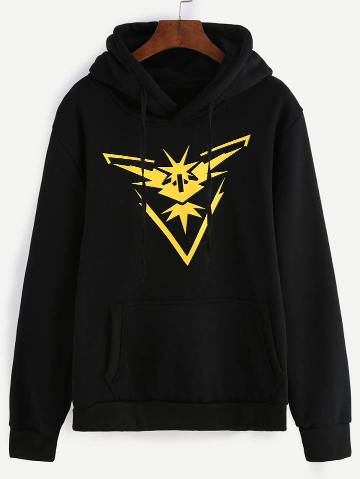 Shein Black Print Hooded Sweatshirt