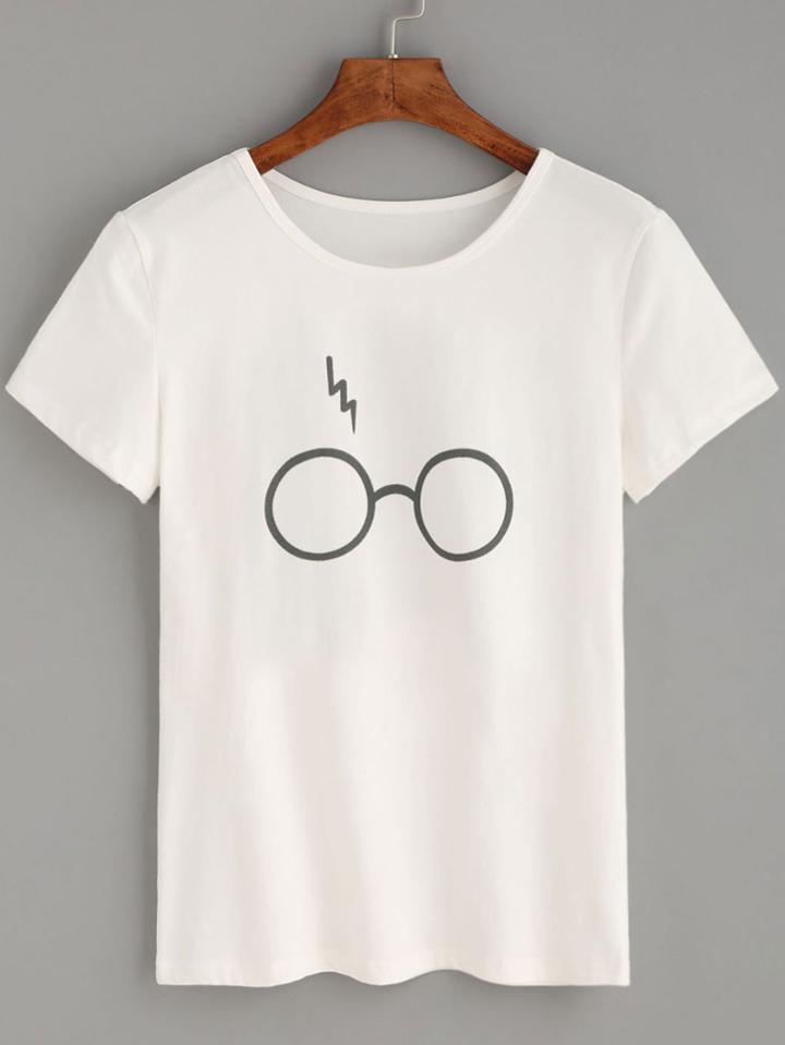 Shein White Glasses Lightning Print T-shirt