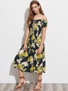 Shein Bardot Lace Up Shirred Waist Florals Dress