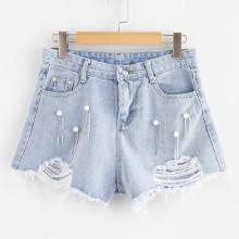 Shein Raw Hem Ripped Pearl Beaded Denim Shorts
