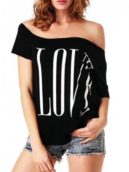 Shein Black Boat Neck Letter Print T-shirt