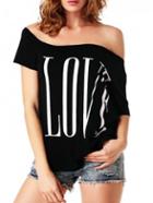 Shein Black Boat Neck Letter Print T-shirt