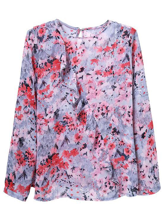 Shein Multicolor Keyhole Back Ruffle Floral Print Blouse