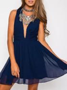 Shein Navy Deep V Neck Backless Chiffon Dress