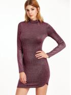 Shein Metallic Burgundy Mock Neck Long Sleeve Bodycon Dress