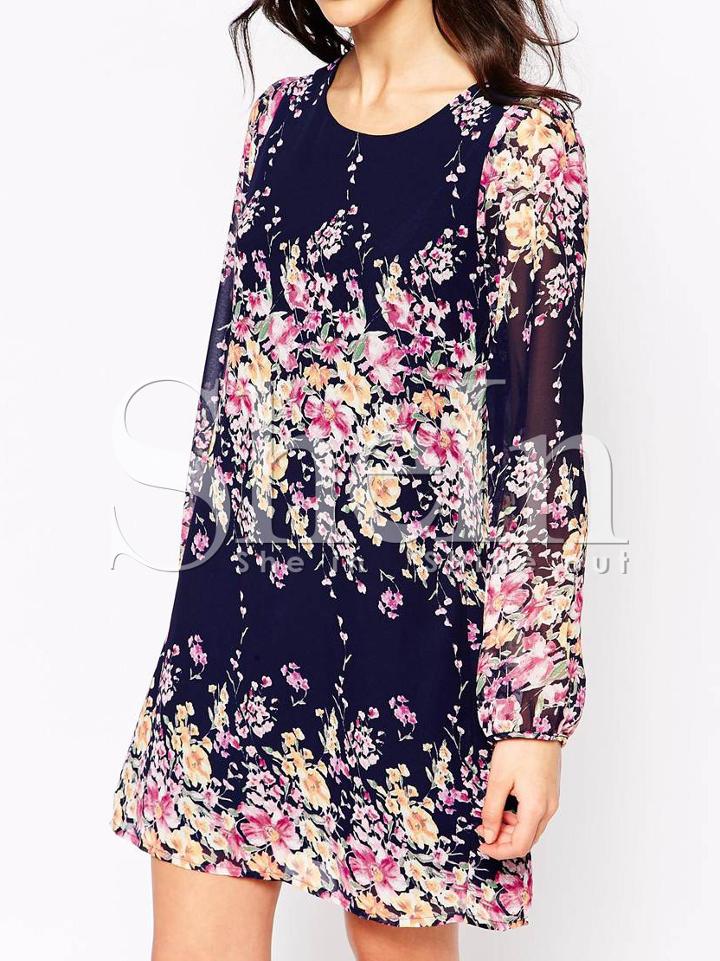 Shein Navy Long Sleeve Floral Dress