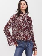 Shein Burgundy Flower Print Cutout Embroidered Edge Top With Neck Tie