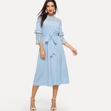 Shein Lace Yoke And Sleeve Pearl Beading Belted Dress