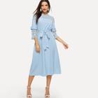 Shein Lace Yoke And Sleeve Pearl Beading Belted Dress