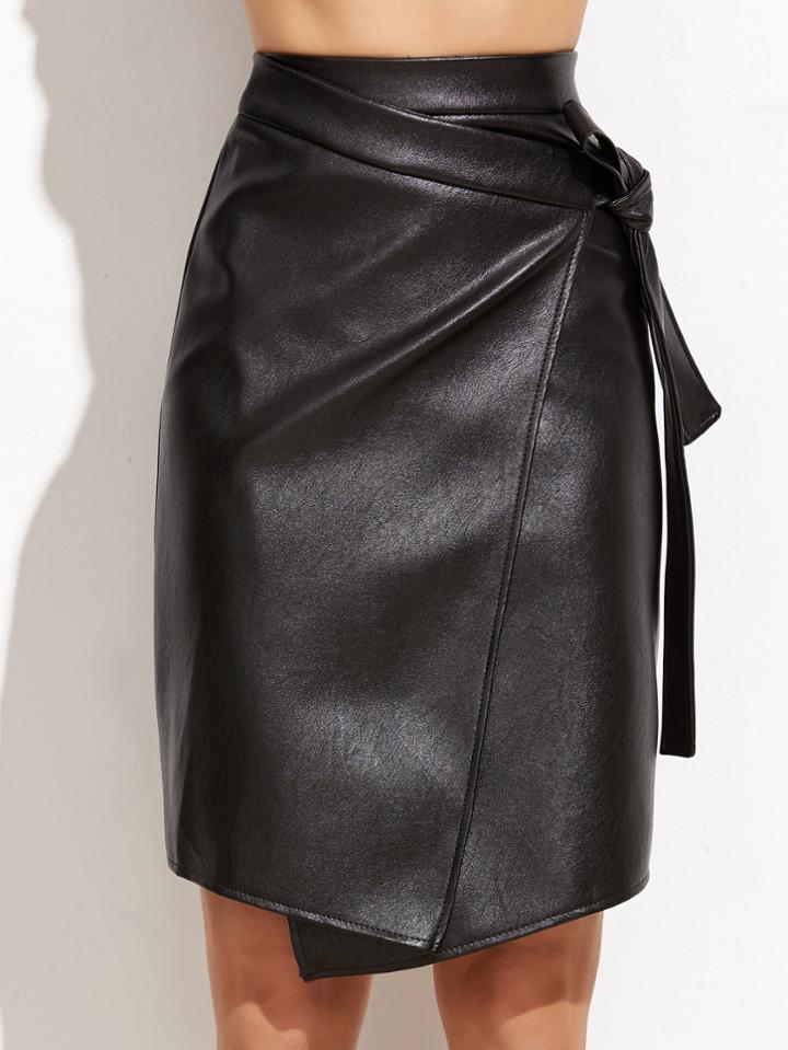 Shein Pu Warp Skirt With Knot Detail