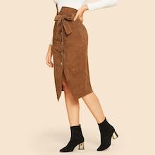 Shein Notched Waist Button Front Corduroy Skirt With Belt