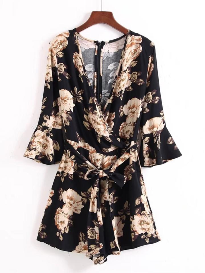 Shein Bell Cuff Tie Waist Wrap Floral Playsuit