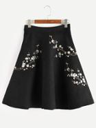 Shein Black Plum Blossom Embroidered Suede A-line Skirt