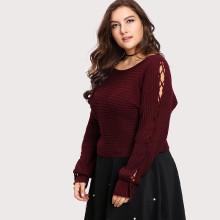 Shein Plus Lace Up Sleeve Waffle Knit Sweater