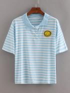 Shein Blue Stripe Smiley Face Patch Polo T-shirt