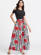 Shein Open Shoulder Tee With Striped Rose Print Maxi Skirt