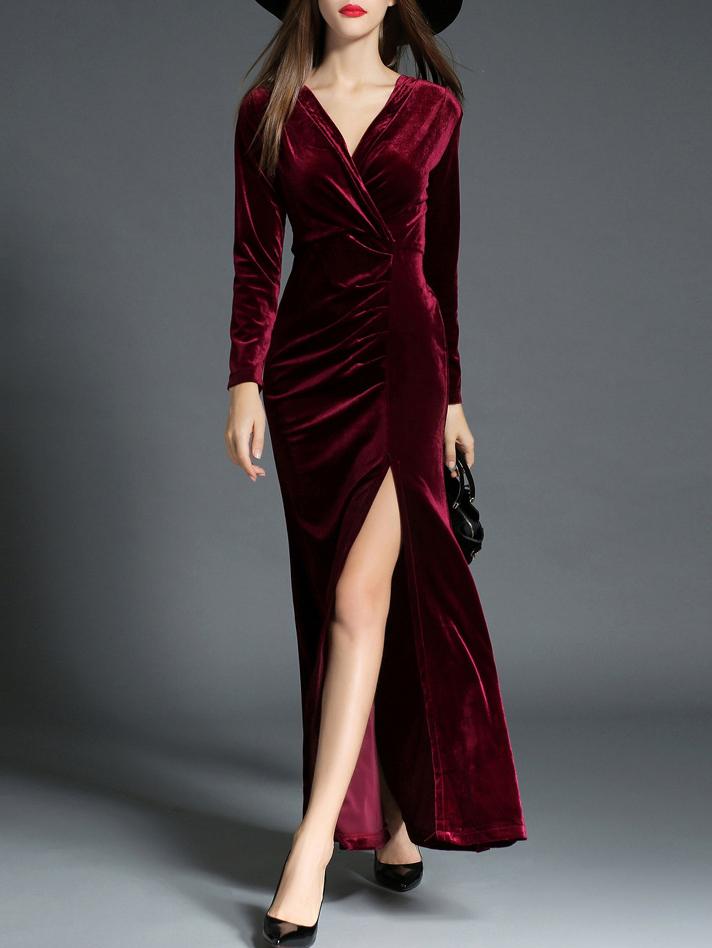 Shein Burgundy V Neck Velvet Split Maxi Dress