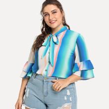 Shein Plus Tie Dye Flounce Sleeve Knot Button Blouse