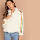Shein Rainbow Tape Detail Half Placket Teddy Jacket