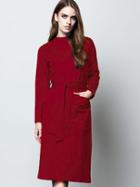 Shein Wine Red Round Neck Long Sleeve Tie-waist Pockets Dress