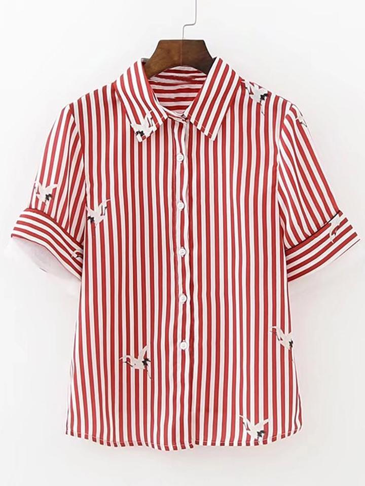 Shein Vertical Striped Cranes Print Blouse